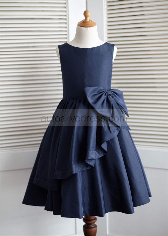 Navy Blue Taffeta Knee Length Flower Girl Dress